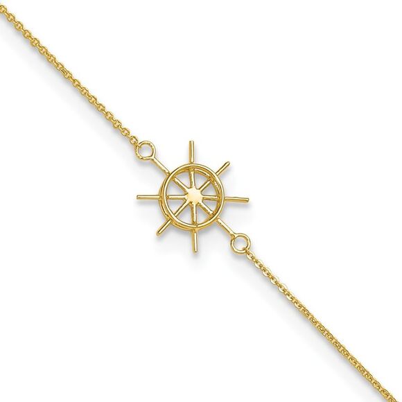 14k Yellow Gold Polished Captains Wheel 9in Plus 1in. Ext. Anklet
